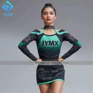 YUQ All Star Green and Black AB Rhinestone Long Sleeve Breathable High Quality Cheerleading Uniform